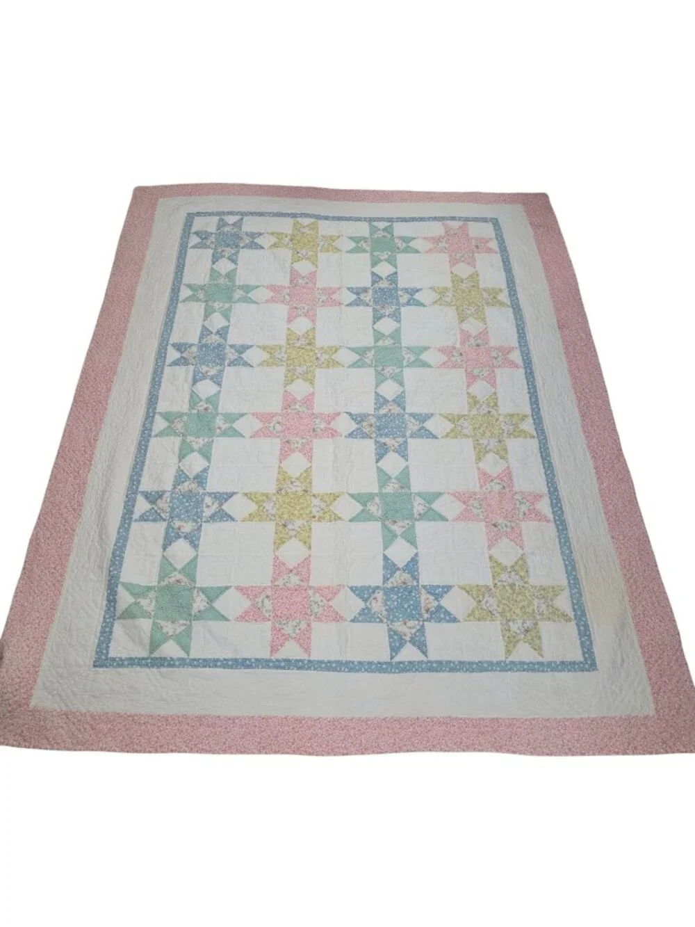 Vintage Pastel Patchwork Sawtooth Star Quilt 80x64